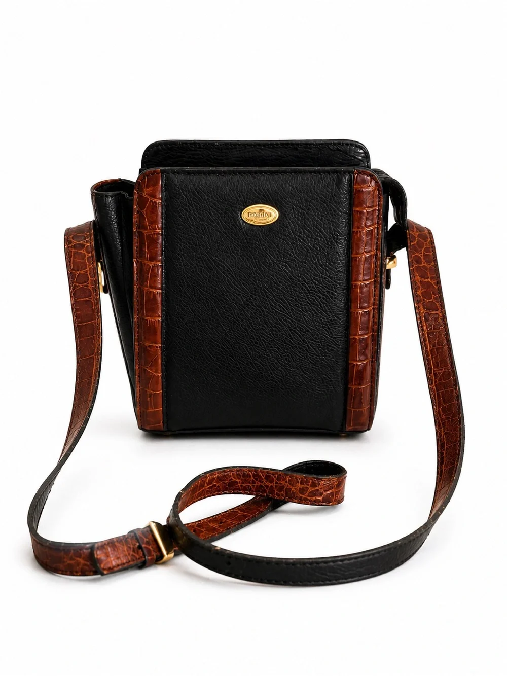 Bally Vintage Leather Crossbody Bag Black Brown Croc Embossed Shoulder Purse